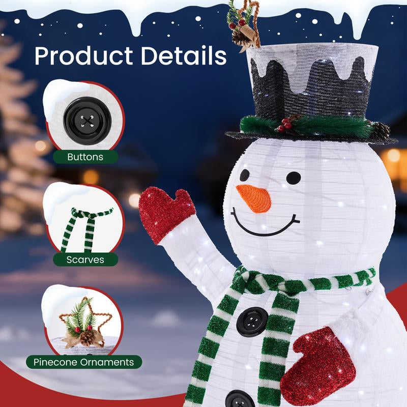 5Ft Lighted Snowman, Large Outdoor Christmas Decoration with 200 LED Lights, Multicolored Scarf and Hat, White Green