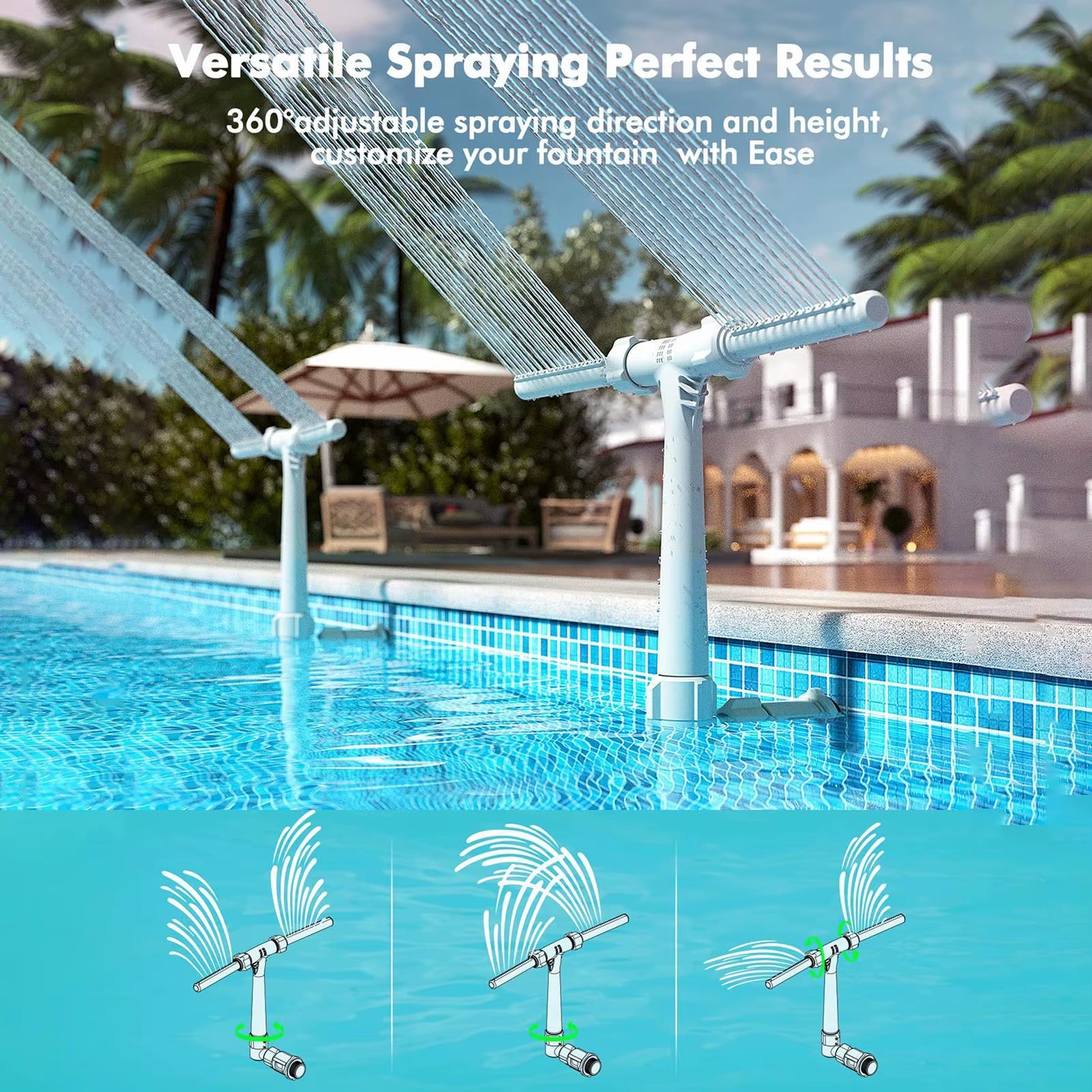 Pool Fountain Duals Spray Water Fountains Forabove Ground Inground Pools, 2-In-1 Adjustable Waterfall Pool Sprinkler Fountain