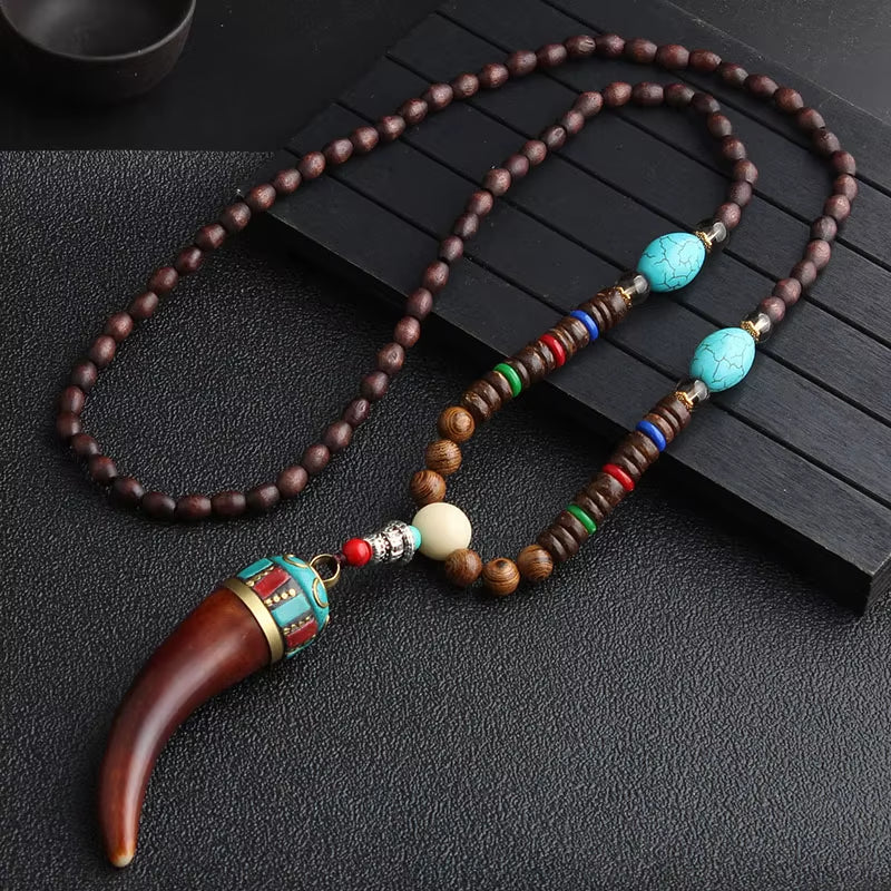 14 New Ethnic Handmade Nepal Necklace Buddhist Mala Wood Beads Pendant & Necklace Ethnic Horn Fish Long Jewelry for Women Men