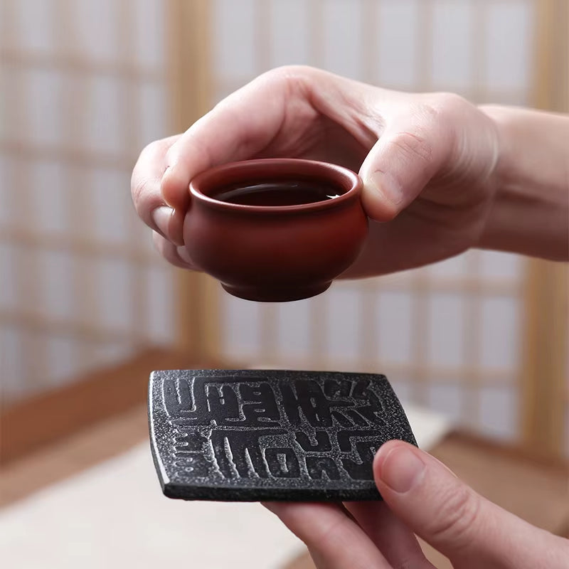 Cup Mat Coaster Teapot Teacup Nature Stone Pad Coffee Placemat Home Decor Durable Heat Resistant Black Square Culture Teaset Mat