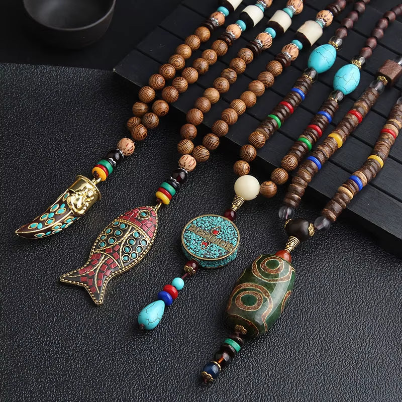 14 New Ethnic Handmade Nepal Necklace Buddhist Mala Wood Beads Pendant & Necklace Ethnic Horn Fish Long Jewelry for Women Men