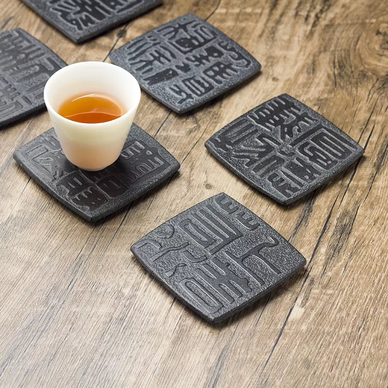 Cup Mat Coaster Teapot Teacup Nature Stone Pad Coffee Placemat Home Decor Durable Heat Resistant Black Square Culture Teaset Mat