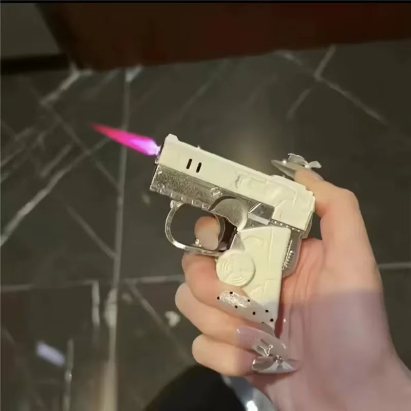 Portable Pressure Reducing Inflatable Lighter Metal Windproof Jet Flame Deformation Gun Gyroscope Butane Lighter Men'S Gift