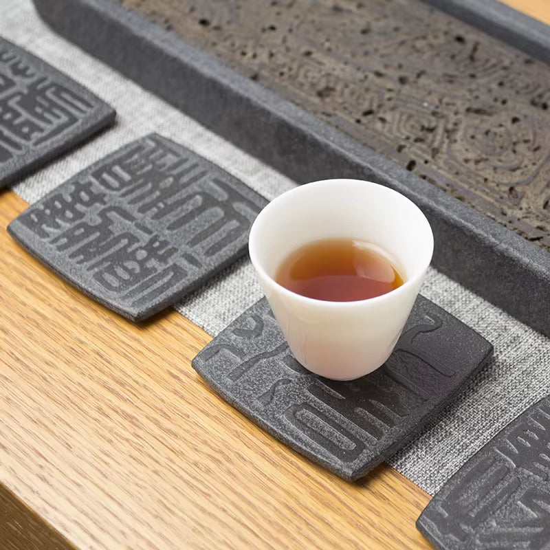 Cup Mat Coaster Teapot Teacup Nature Stone Pad Coffee Placemat Home Decor Durable Heat Resistant Black Square Culture Teaset Mat
