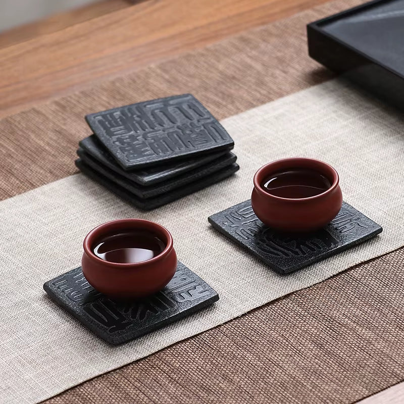 Cup Mat Coaster Teapot Teacup Nature Stone Pad Coffee Placemat Home Decor Durable Heat Resistant Black Square Culture Teaset Mat