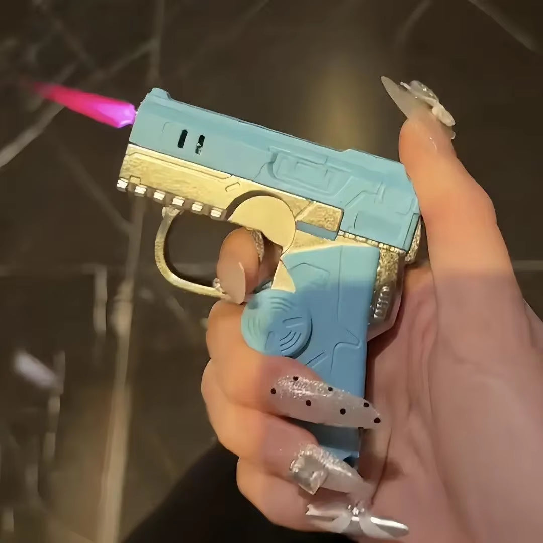 Portable Pressure Reducing Inflatable Lighter Metal Windproof Jet Flame Deformation Gun Gyroscope Butane Lighter Men'S Gift