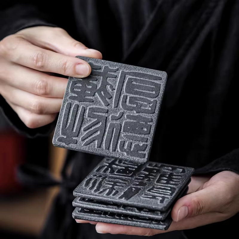 Cup Mat Coaster Teapot Teacup Nature Stone Pad Coffee Placemat Home Decor Durable Heat Resistant Black Square Culture Teaset Mat